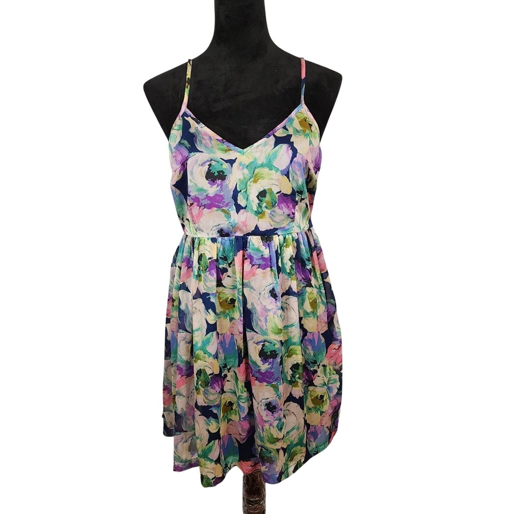 LADAKH Size Medium Colorful Floral Pleated Racerback Mini Dress Vacation Beach